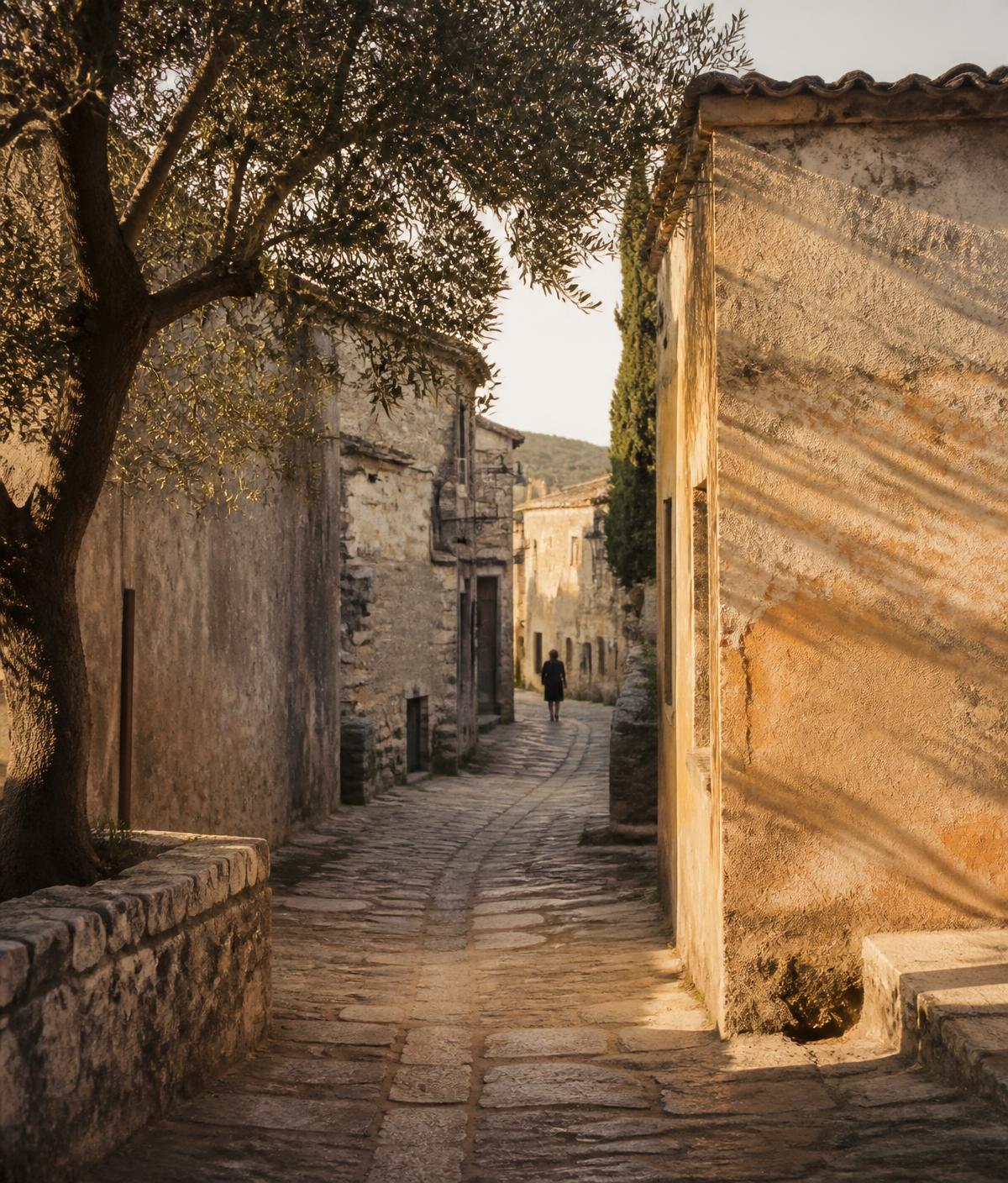 A quiet stone village lane in the Mediterranean at golden hour